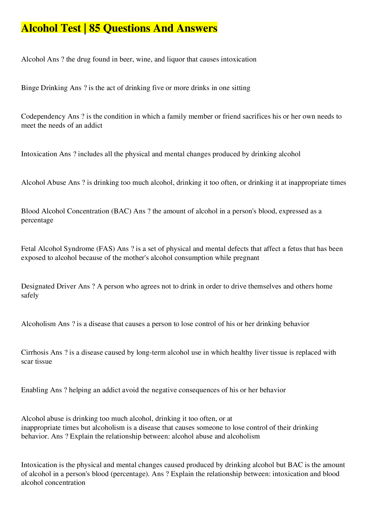 Preview image for Alcohol Test  | 85 Questions And Answers